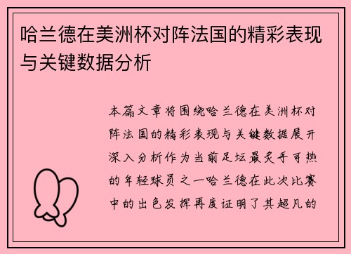 哈兰德在美洲杯对阵法国的精彩表现与关键数据分析