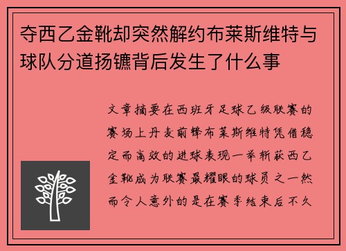 夺西乙金靴却突然解约布莱斯维特与球队分道扬镳背后发生了什么事
